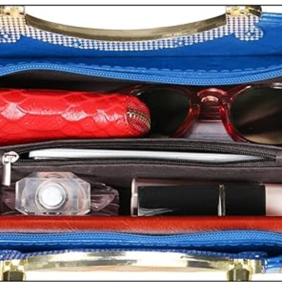 Neiman Marcus Shiny Faux Leather Blue Diamond Pattern Top Handle Purse - Picture 5 of 5